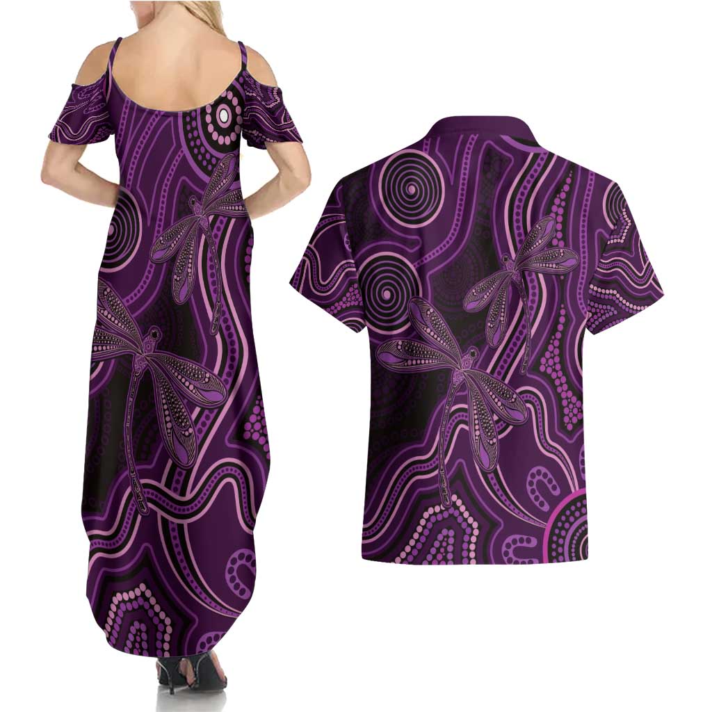Purple Indigenous Dragonfly Australia Couples Matching Summer Maxi Dress and Hawaiian Shirt Aboriginal Art - Aussie Hoodie