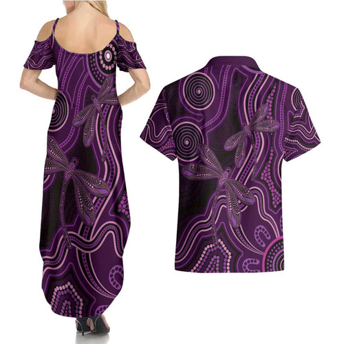 Purple Indigenous Dragonfly Australia Couples Matching Summer Maxi Dress and Hawaiian Shirt Aboriginal Art - Aussie Hoodie