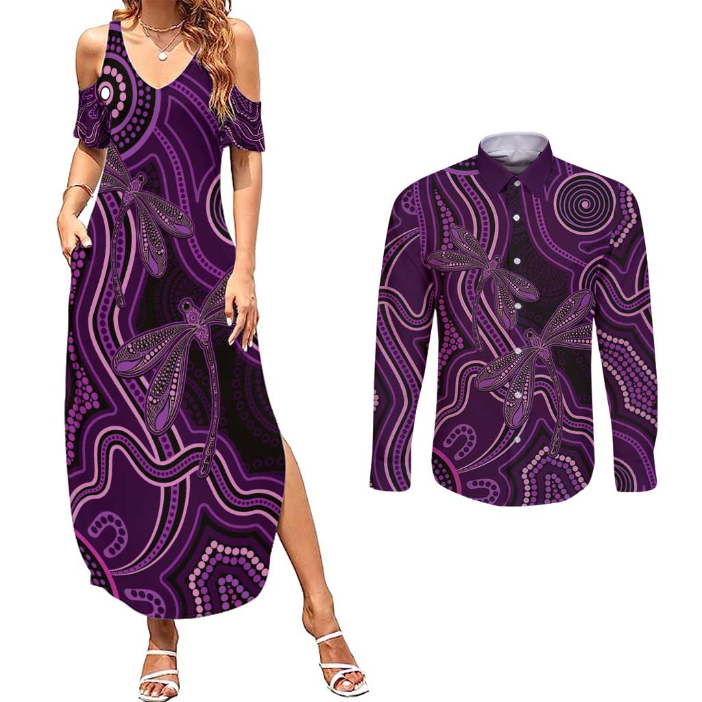 Purple Indigenous Dragonfly Australia Couples Matching Summer Maxi Dress and Long Sleeve Button Shirt Aboriginal Art - Aussie Hoodie