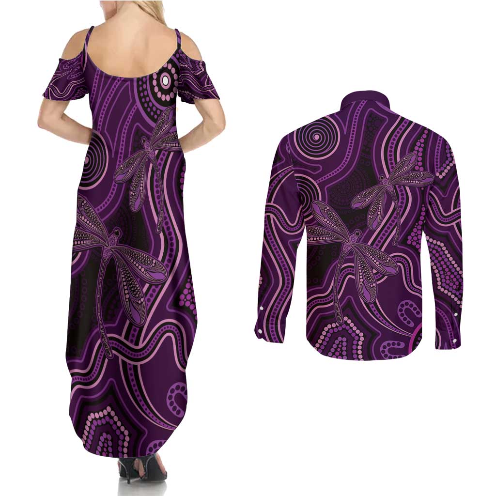 Purple Indigenous Dragonfly Australia Couples Matching Summer Maxi Dress and Long Sleeve Button Shirt Aboriginal Art - Aussie Hoodie