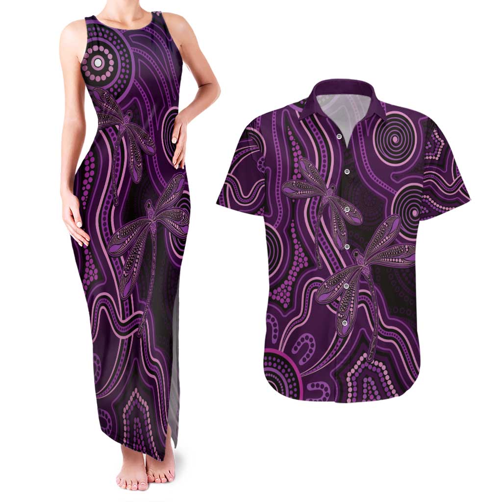 Purple Indigenous Dragonfly Australia Couples Matching Tank Maxi Dress and Hawaiian Shirt Aboriginal Art - Aussie Hoodie