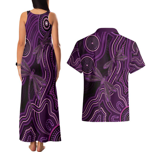 Purple Indigenous Dragonfly Australia Couples Matching Tank Maxi Dress and Hawaiian Shirt Aboriginal Art - Aussie Hoodie