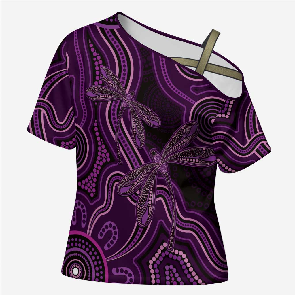 Purple Indigenous Dragonfly Australia Cross Shoulder Shirt Aboriginal Art - Aussie Hoodie