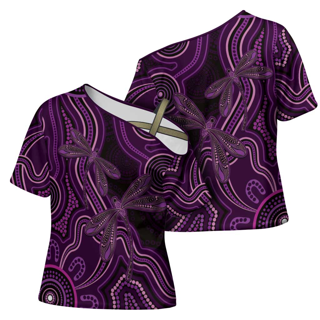 Purple Indigenous Dragonfly Australia Cross Shoulder Shirt Aboriginal Art - Aussie Hoodie