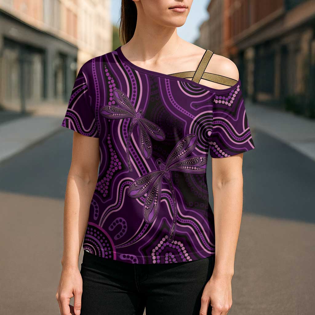 Purple Indigenous Dragonfly Australia Cross Shoulder Shirt Aboriginal Art - Aussie Hoodie