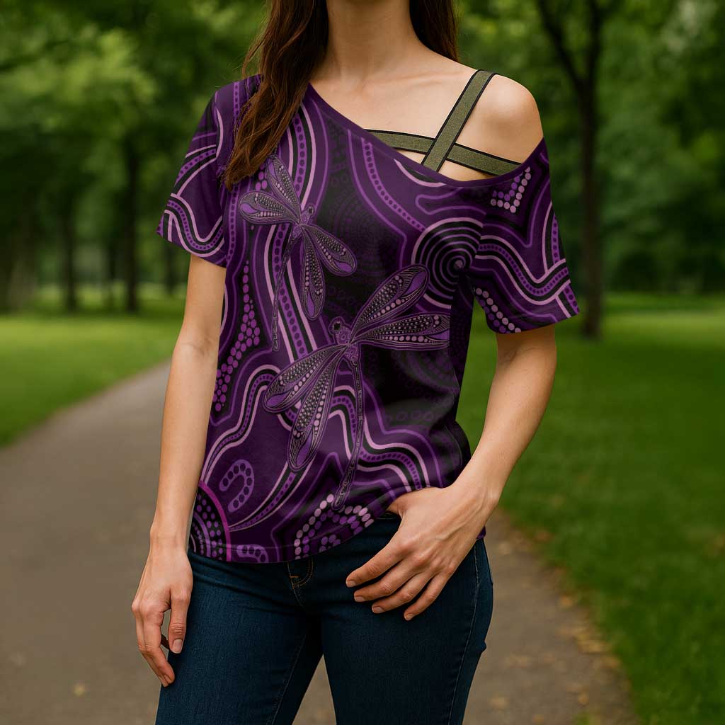 Purple Indigenous Dragonfly Australia Cross Shoulder Shirt Aboriginal Art - Aussie Hoodie