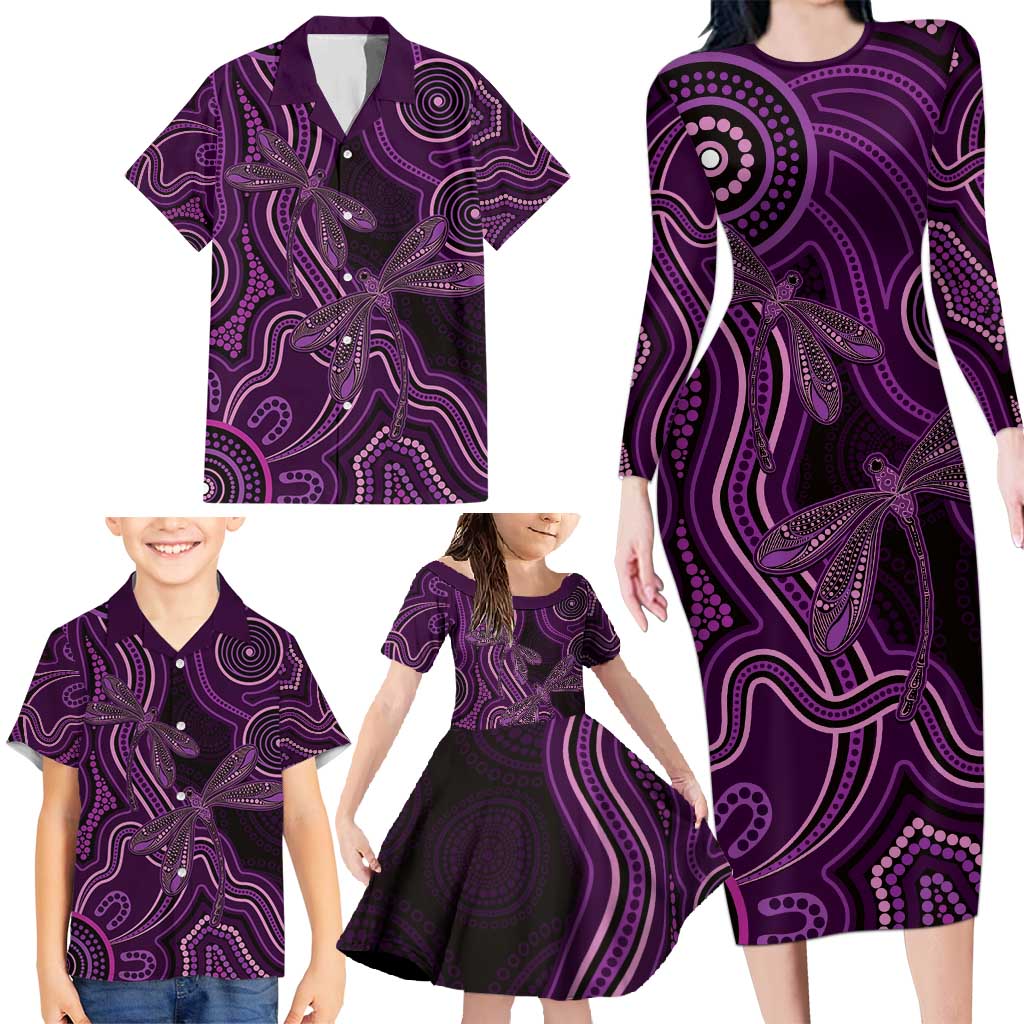 Purple Indigenous Dragonfly Australia Family Matching Long Sleeve Bodycon Dress and Hawaiian Shirt Aboriginal Art - Aussie Hoodie