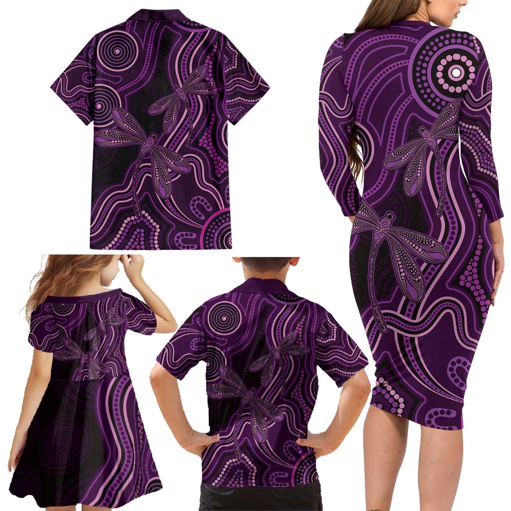 Purple Indigenous Dragonfly Australia Family Matching Long Sleeve Bodycon Dress and Hawaiian Shirt Aboriginal Art - Aussie Hoodie