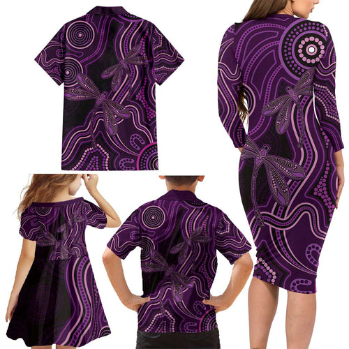Purple Indigenous Dragonfly Australia Family Matching Long Sleeve Bodycon Dress and Hawaiian Shirt Aboriginal Art - Aussie Hoodie