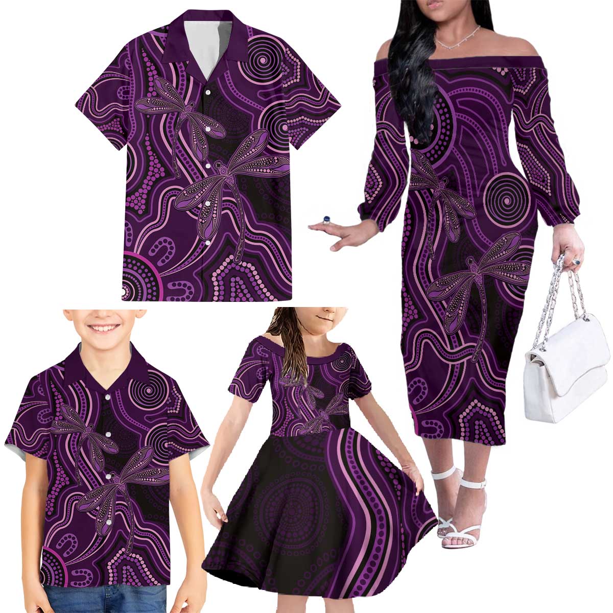 Purple Indigenous Dragonfly Australia Family Matching Off The Shoulder Long Sleeve Dress and Hawaiian Shirt Aboriginal Art - Aussie Hoodie