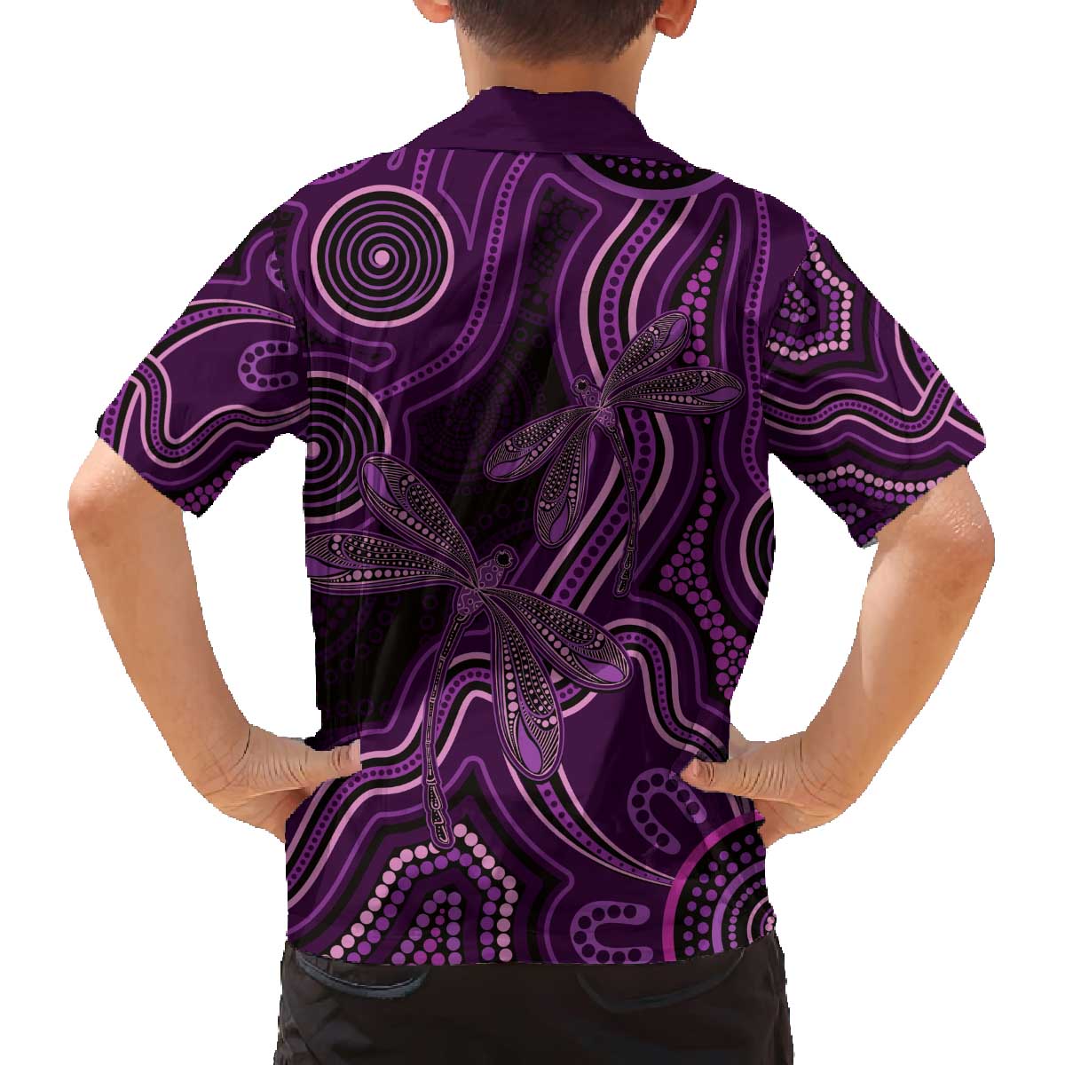Purple Indigenous Dragonfly Australia Family Matching Off The Shoulder Long Sleeve Dress and Hawaiian Shirt Aboriginal Art - Aussie Hoodie