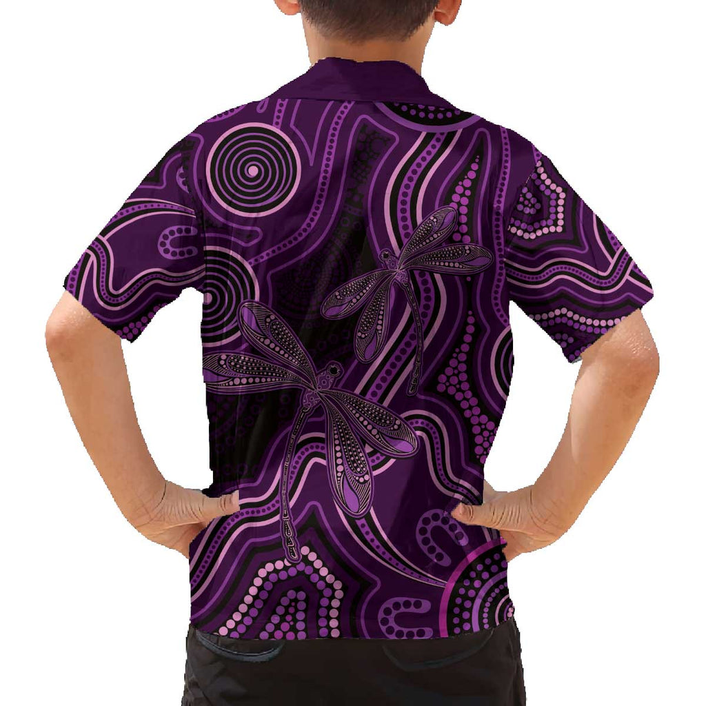 Purple Indigenous Dragonfly Australia Family Matching Off The Shoulder Long Sleeve Dress and Hawaiian Shirt Aboriginal Art - Aussie Hoodie