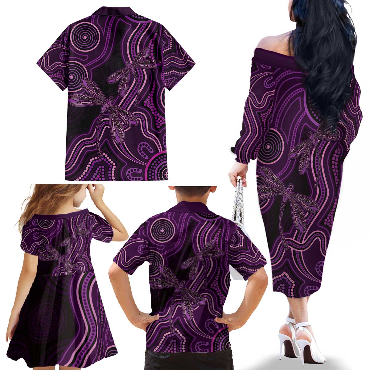 Purple Indigenous Dragonfly Australia Family Matching Off The Shoulder Long Sleeve Dress and Hawaiian Shirt Aboriginal Art - Aussie Hoodie