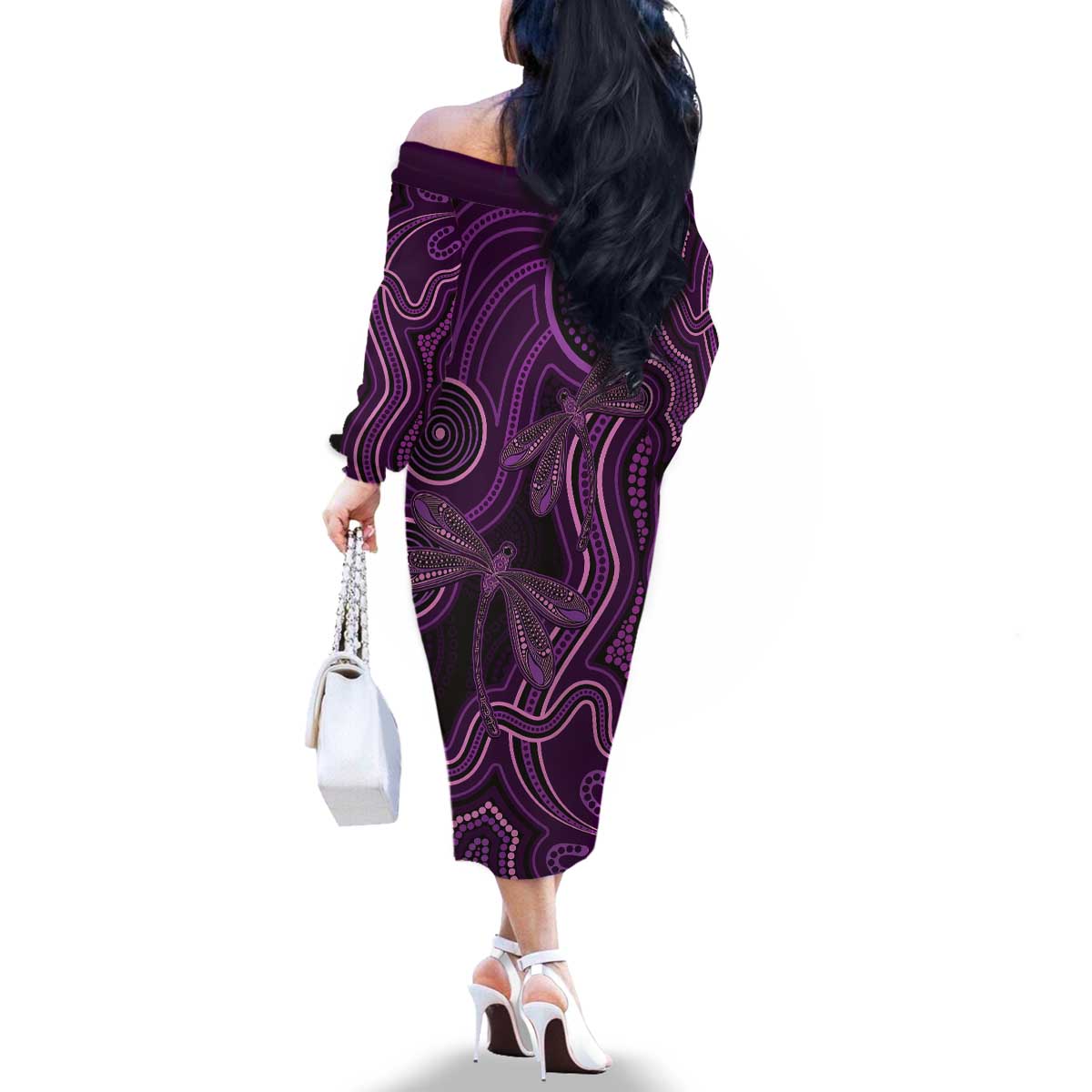 Purple Indigenous Dragonfly Australia Family Matching Off The Shoulder Long Sleeve Dress and Hawaiian Shirt Aboriginal Art - Aussie Hoodie