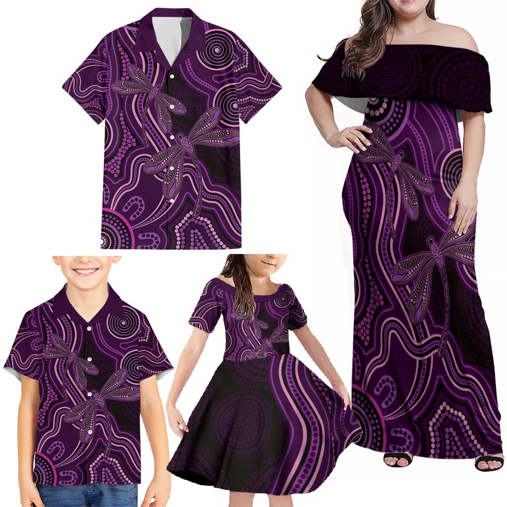 Purple Indigenous Dragonfly Australia Family Matching Off Shoulder Maxi Dress and Hawaiian Shirt Aboriginal Art - Aussie Hoodie