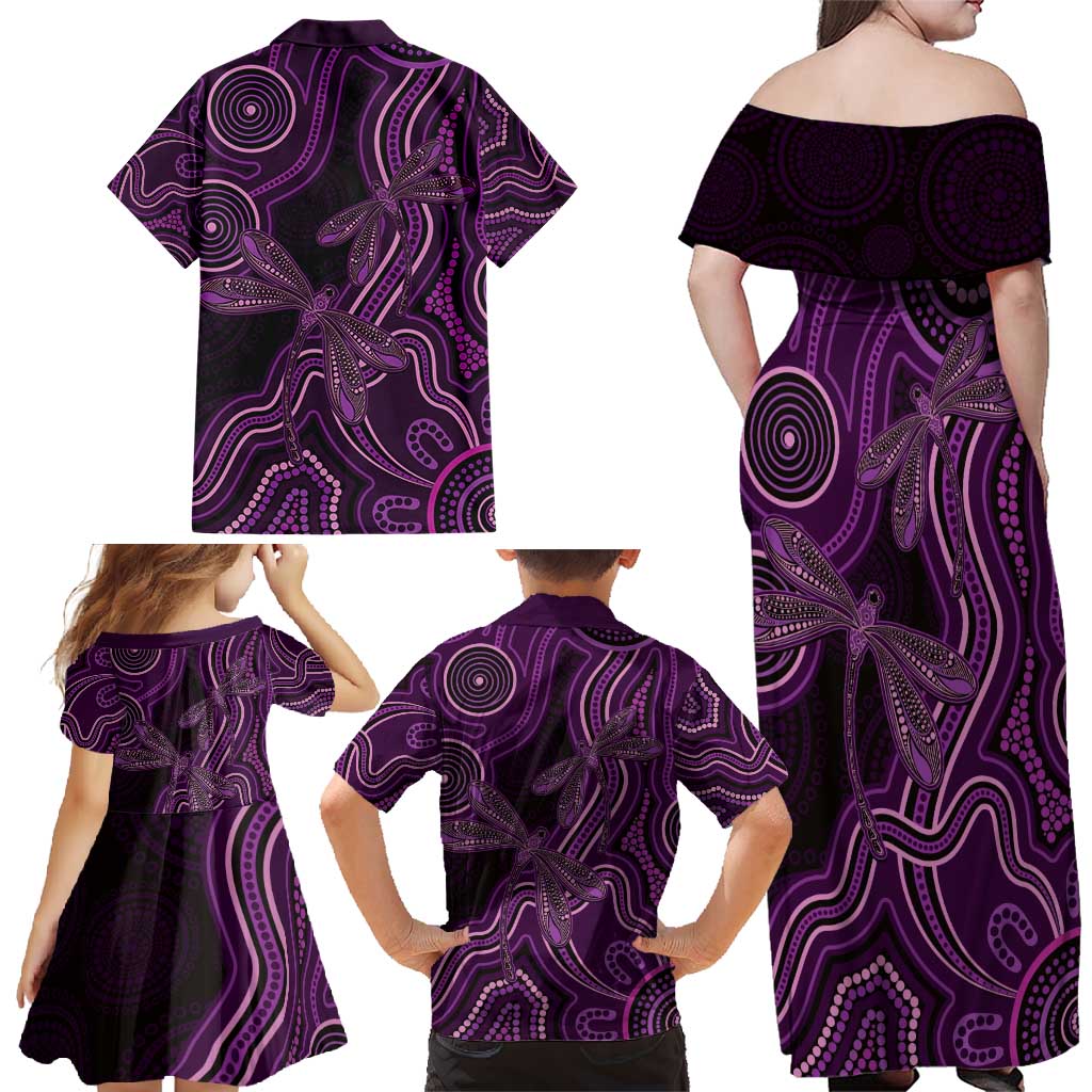 Purple Indigenous Dragonfly Australia Family Matching Off Shoulder Maxi Dress and Hawaiian Shirt Aboriginal Art - Aussie Hoodie