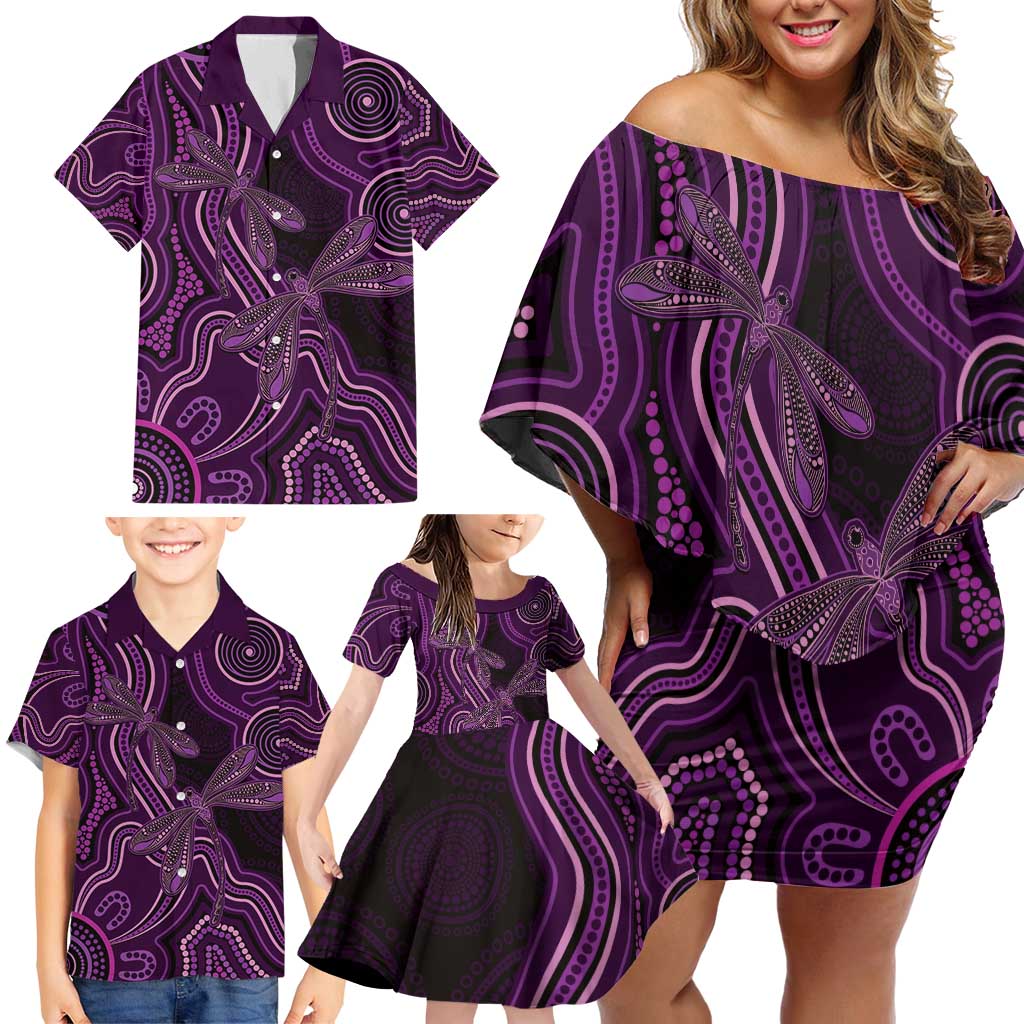Purple Indigenous Dragonfly Australia Family Matching Off Shoulder Short Dress and Hawaiian Shirt Aboriginal Art - Aussie Hoodie