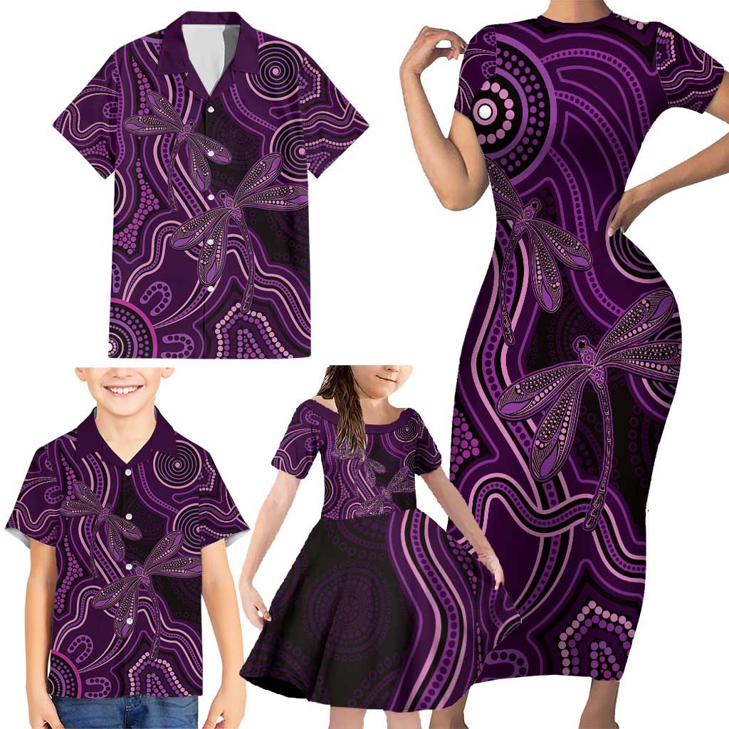 Purple Indigenous Dragonfly Australia Family Matching Short Sleeve Bodycon Dress and Hawaiian Shirt Aboriginal Art - Aussie Hoodie