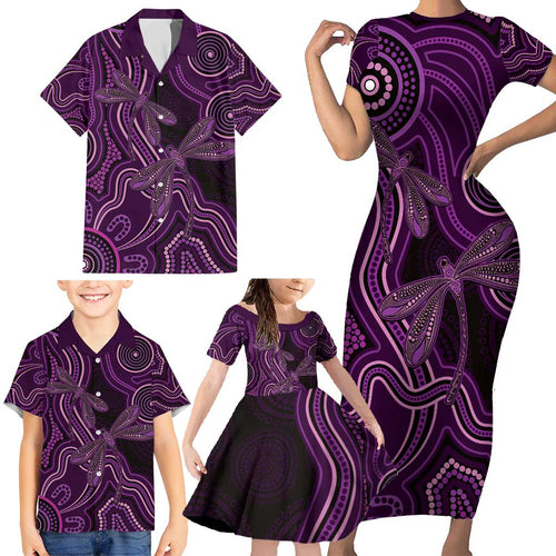 Purple Indigenous Dragonfly Australia Family Matching Short Sleeve Bodycon Dress and Hawaiian Shirt Aboriginal Art - Aussie Hoodie