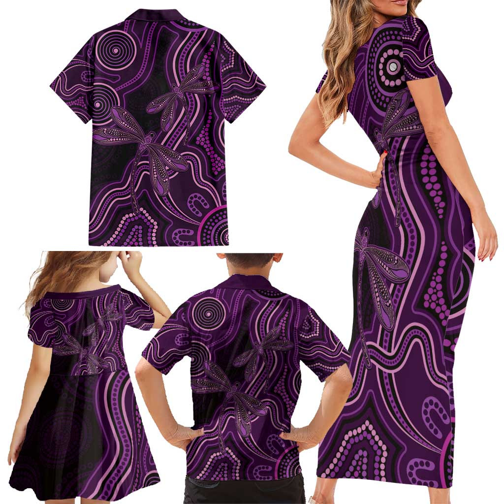 Purple Indigenous Dragonfly Australia Family Matching Short Sleeve Bodycon Dress and Hawaiian Shirt Aboriginal Art - Aussie Hoodie