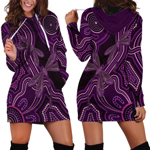 Purple Indigenous Dragonfly Australia Hoodie Dress Aboriginal Art - Aussie Hoodie