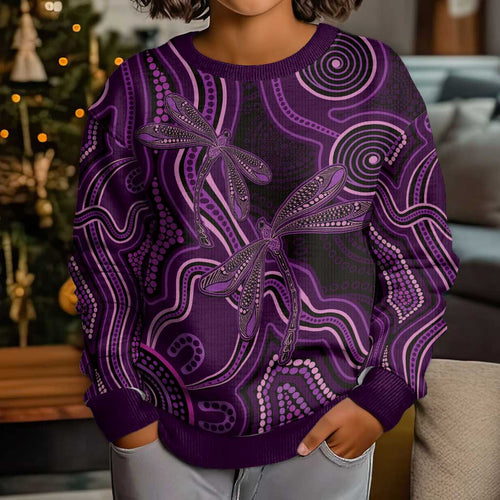 Purple Indigenous Dragonfly Australia Kid Ugly Christmas Sweater Aboriginal Art - Aussie Hoodie