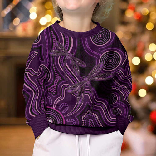 Purple Indigenous Dragonfly Australia Kid Ugly Christmas Sweater Aboriginal Art - Aussie Hoodie