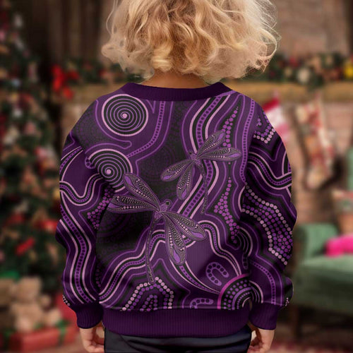 Purple Indigenous Dragonfly Australia Kid Ugly Christmas Sweater Aboriginal Art - Aussie Hoodie