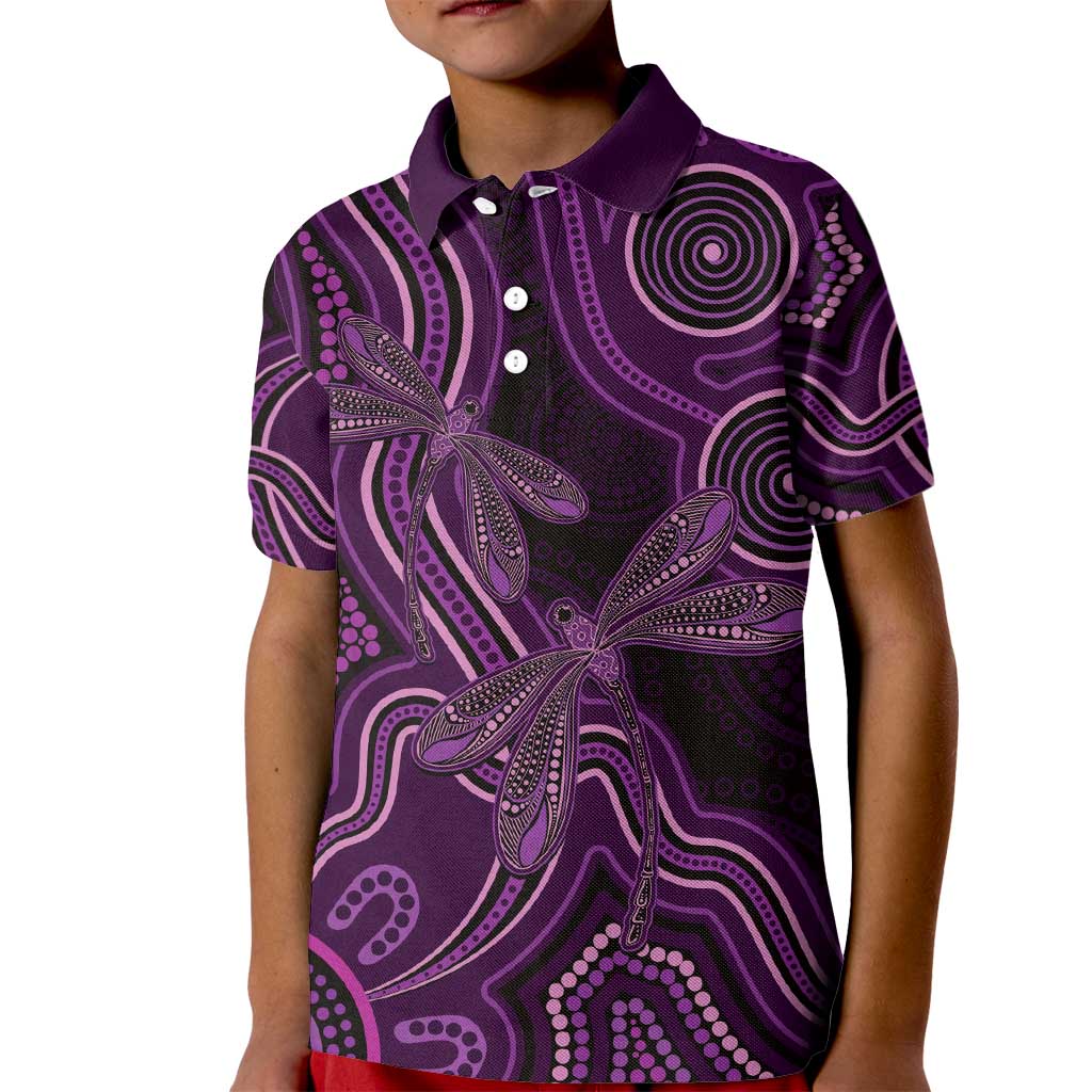 Purple Indigenous Dragonfly Australia Kid Polo Shirt Aboriginal Art - Aussie Hoodie