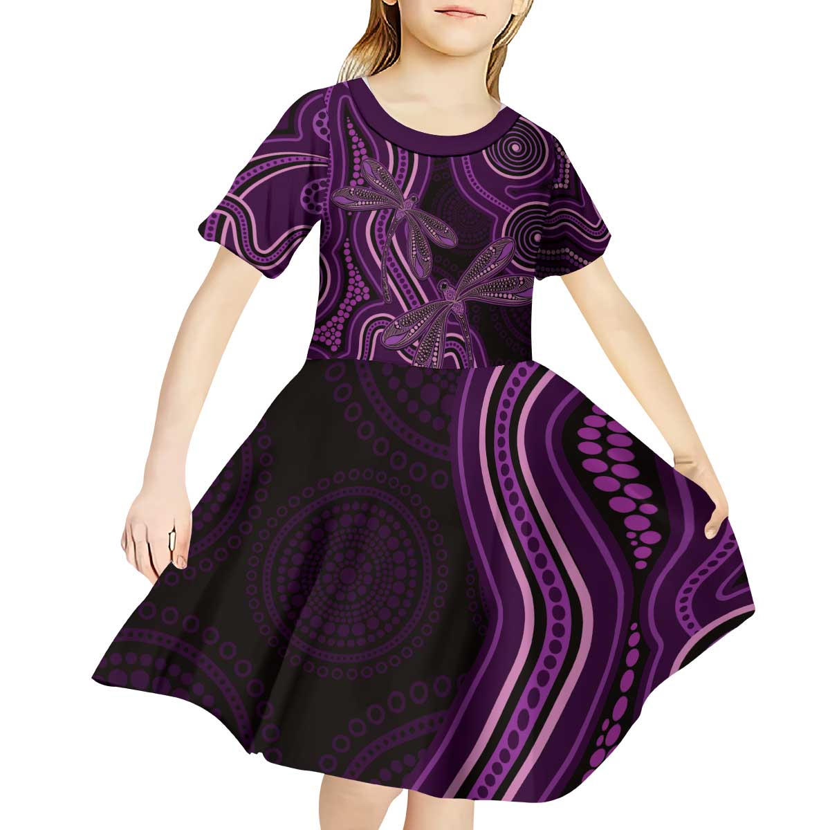 Purple Indigenous Dragonfly Australia Kid Short Sleeve Dress Aboriginal Art - Aussie Hoodie