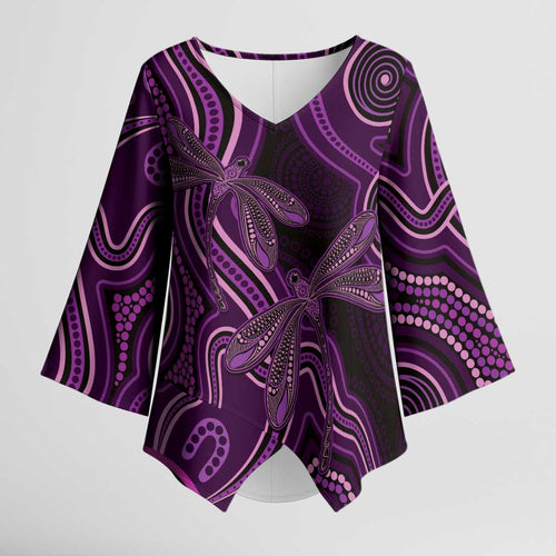 Purple Indigenous Dragonfly Australia Kimono Sleeve Blouse Aboriginal Art - Aussie Hoodie