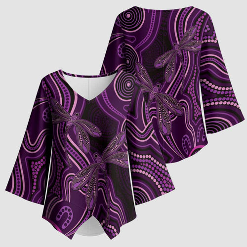 Purple Indigenous Dragonfly Australia Kimono Sleeve Blouse Aboriginal Art - Aussie Hoodie