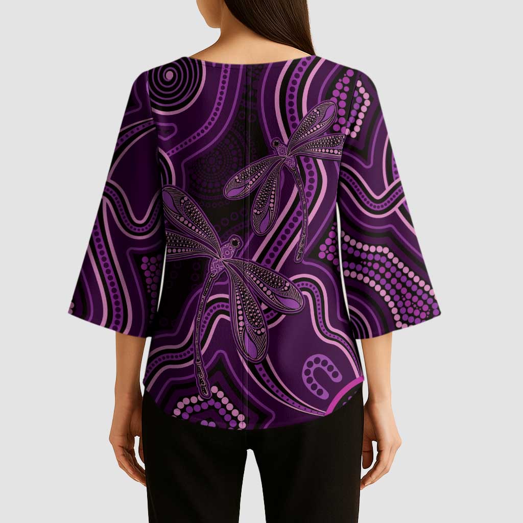 Purple Indigenous Dragonfly Australia Kimono Sleeve Blouse Aboriginal Art - Aussie Hoodie