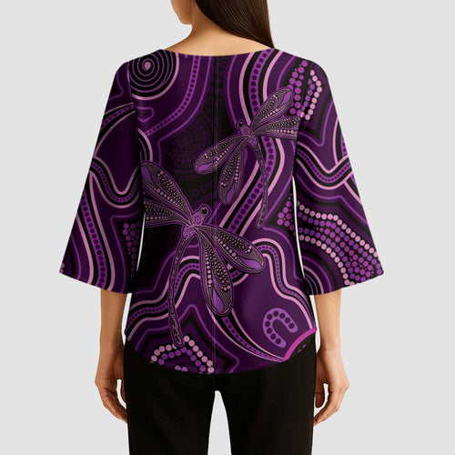 Purple Indigenous Dragonfly Australia Kimono Sleeve Blouse Aboriginal Art - Aussie Hoodie