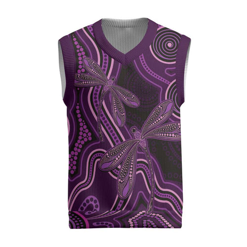 Purple Indigenous Dragonfly Australia Christmas Knitted V-Neck Vest Aboriginal Art - Aussie Hoodie