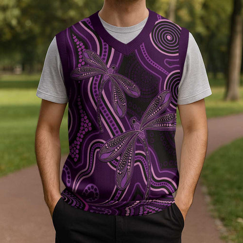 Purple Indigenous Dragonfly Australia Christmas Knitted V-Neck Vest Aboriginal Art - Aussie Hoodie