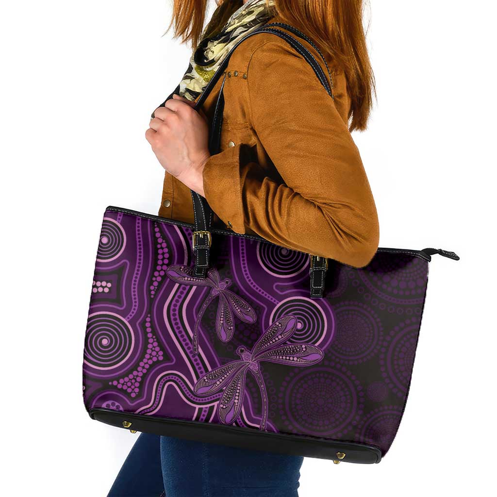 Purple Indigenous Dragonfly Australia Leather Tote Bag Aboriginal Art - Aussie Hoodie