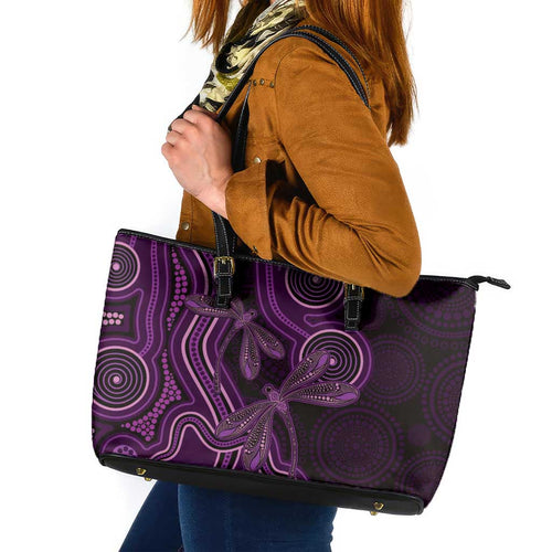 Purple Indigenous Dragonfly Australia Leather Tote Bag Aboriginal Art - Aussie Hoodie