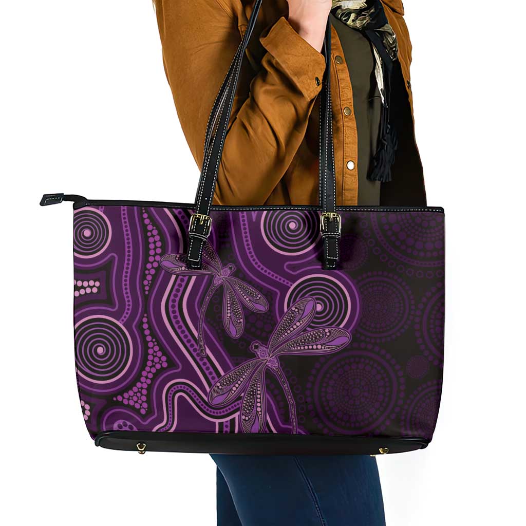 Purple Indigenous Dragonfly Australia Leather Tote Bag Aboriginal Art - Aussie Hoodie