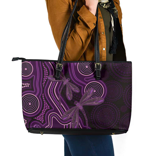 Purple Indigenous Dragonfly Australia Leather Tote Bag Aboriginal Art - Aussie Hoodie