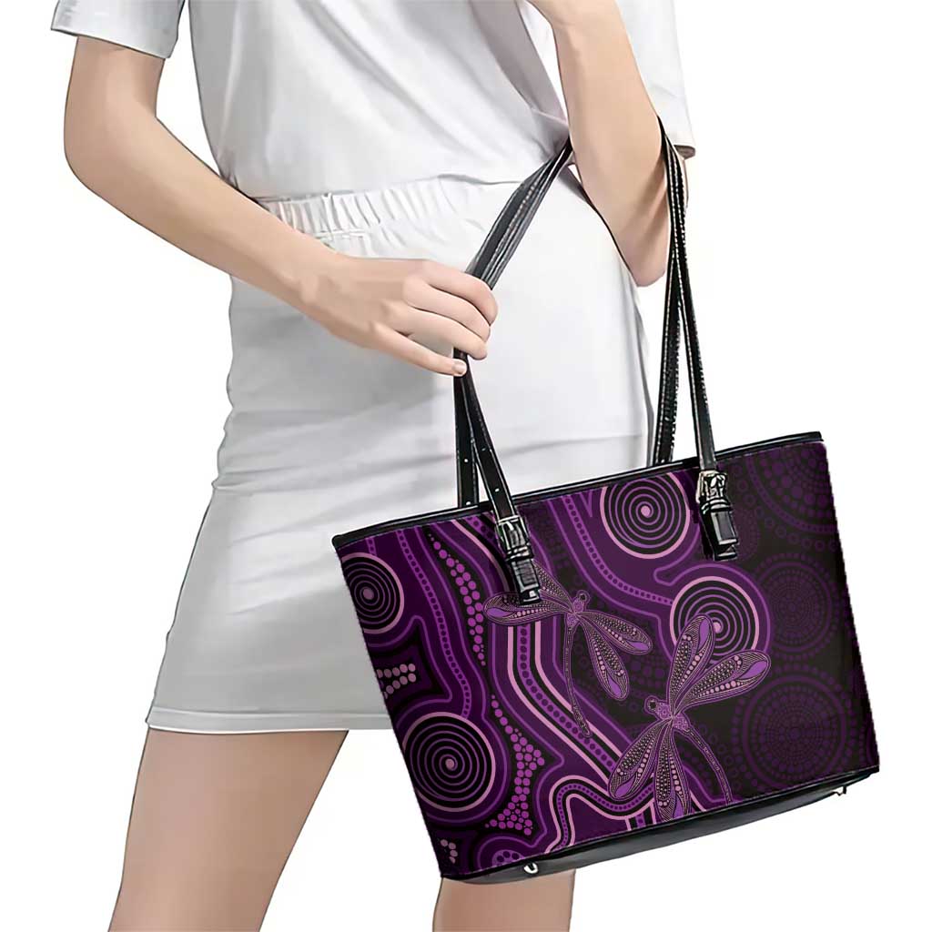 Purple Indigenous Dragonfly Australia Leather Tote Bag Aboriginal Art - Aussie Hoodie