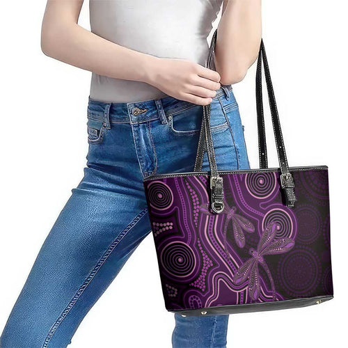 Purple Indigenous Dragonfly Australia Leather Tote Bag Aboriginal Art - Aussie Hoodie