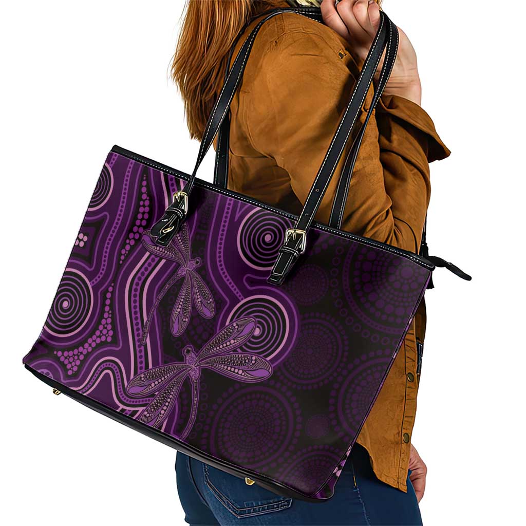 Purple Indigenous Dragonfly Australia Leather Tote Bag Aboriginal Art - Aussie Hoodie