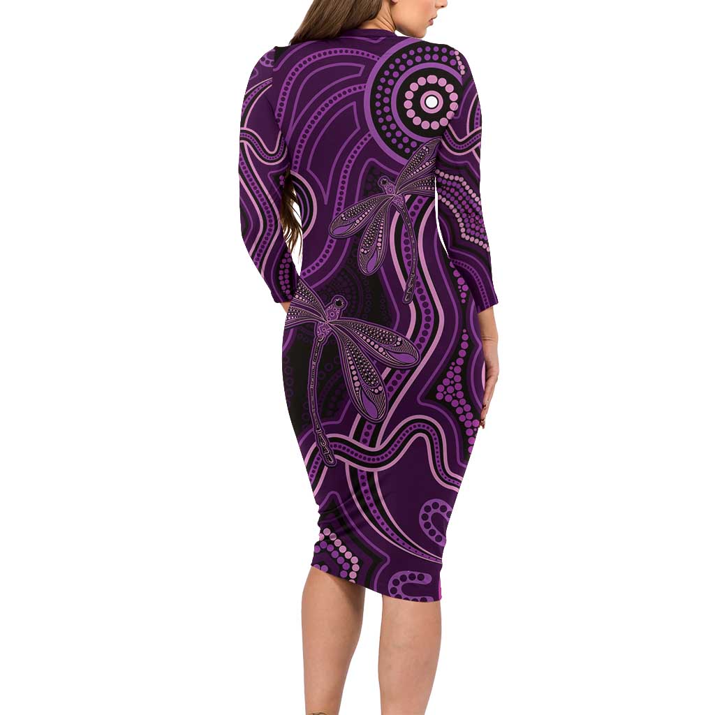 Purple Indigenous Dragonfly Australia Long Sleeve Bodycon Dress Aboriginal Art - Aussie Hoodie