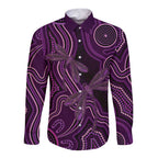 Purple Indigenous Dragonfly Australia Long Sleeve Button Shirt Aboriginal Art - Aussie Hoodie