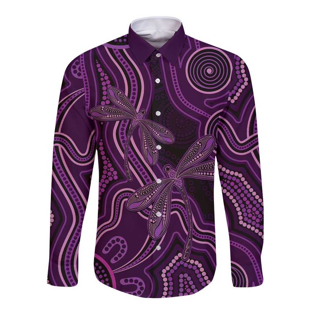 Purple Indigenous Dragonfly Australia Long Sleeve Button Shirt Aboriginal Art - Aussie Hoodie