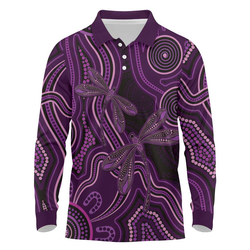 Purple Indigenous Dragonfly Australia Long Sleeve Polo Shirt Aboriginal Art - Aussie Hoodie