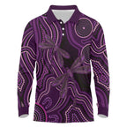 Purple Indigenous Dragonfly Australia Long Sleeve Polo Shirt Aboriginal Art - Aussie Hoodie