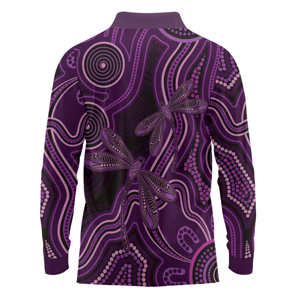 Purple Indigenous Dragonfly Australia Long Sleeve Polo Shirt Aboriginal Art - Aussie Hoodie