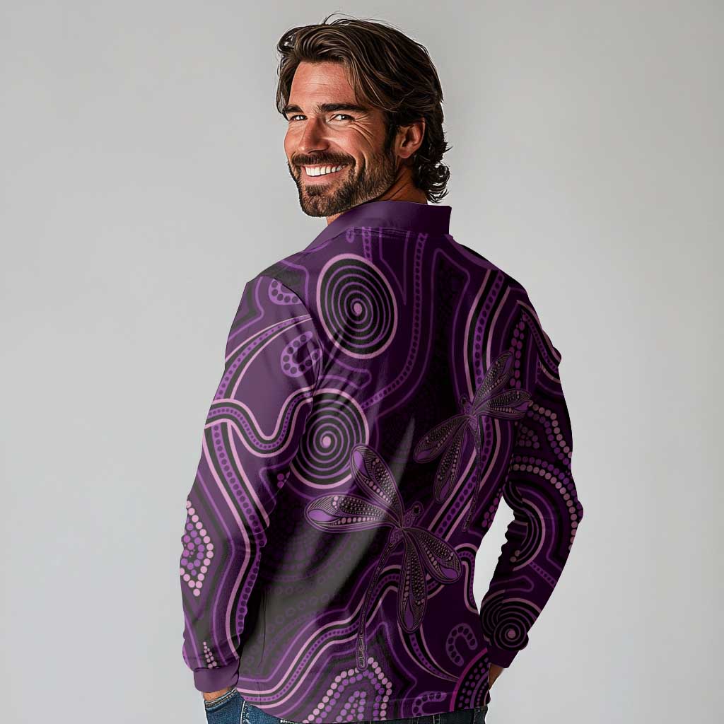 Purple Indigenous Dragonfly Australia Long Sleeve Polo Shirt Aboriginal Art - Aussie Hoodie